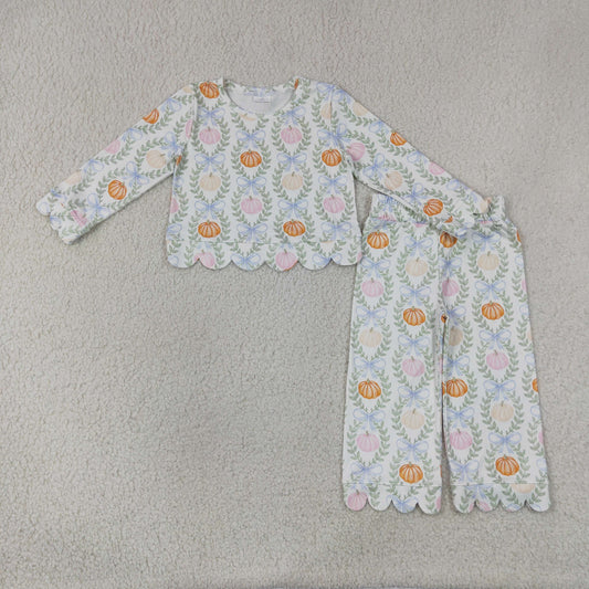 GLP3395 Kids Baby Girls Flowers Pumpkins Checked Top Flare Pants Fall Scallop Clothes Sets