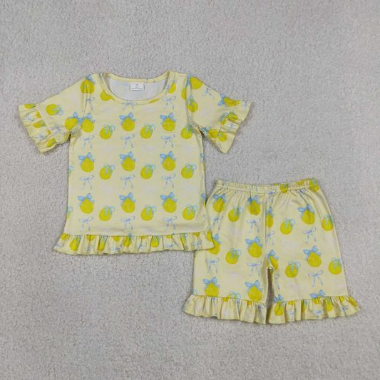 GSSO3326 Kids Baby Girls Bows Lemons Top Ruffle Shorts Pajamas Clothes Sets
