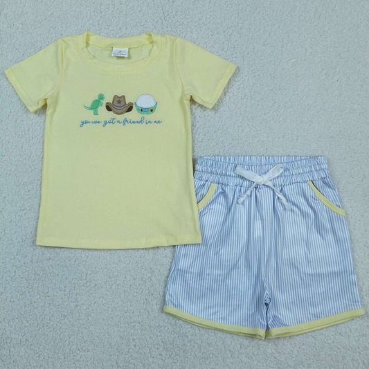 BSSO1968 Kids Embroidery Dinosaur Hats Baby Boys Top Pockets Stripe Short Clothes Sets