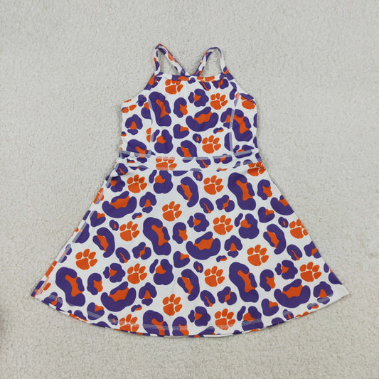 GSD3687 Kids Baby Girl Strap Leopard Pawls Team Yoga Active Shorts Knee Length Dress