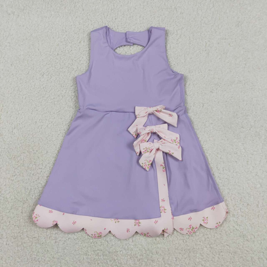 GSD3317 Kids Baby Girls Purple Sleeveless Bows Yoga Active Shorts Scallop Knee Length Dresses