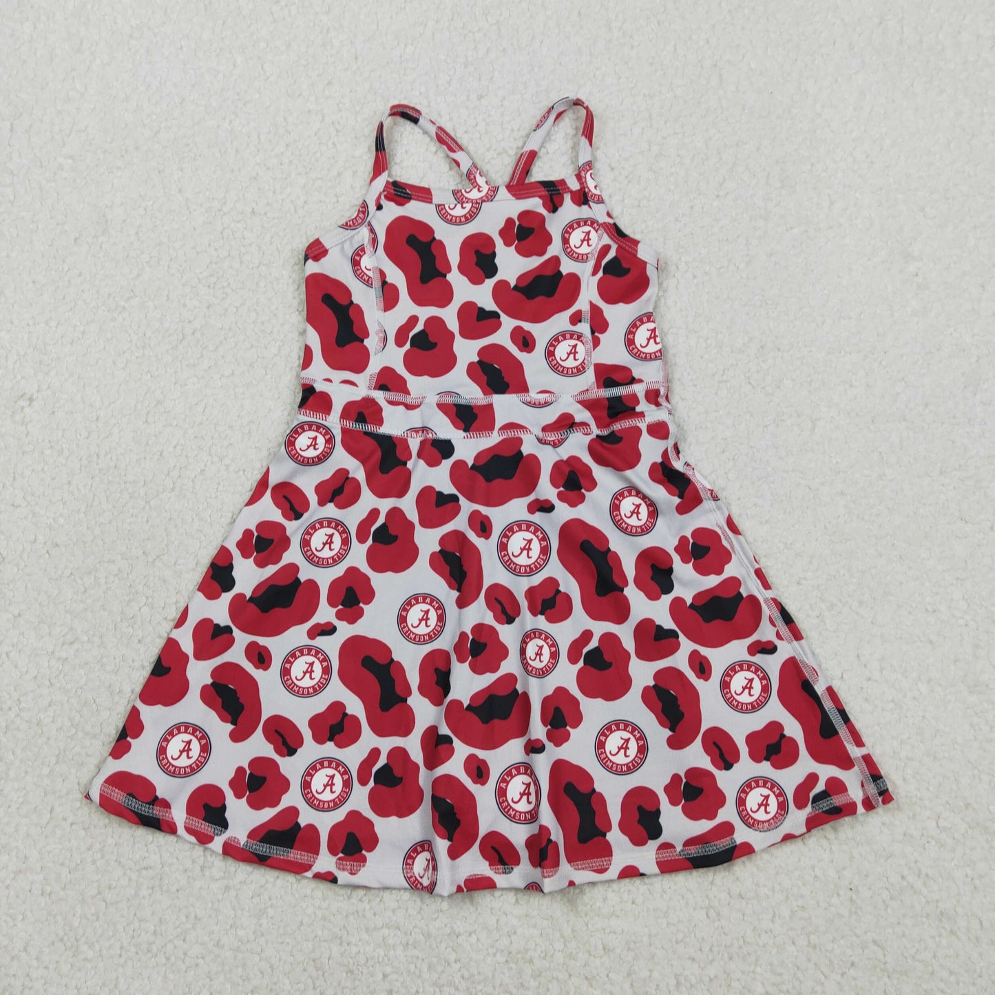 GSD3635 Kids Baby Girl Strap Red Leopard A Team Yoga Active Shorts Knee Length Dresses