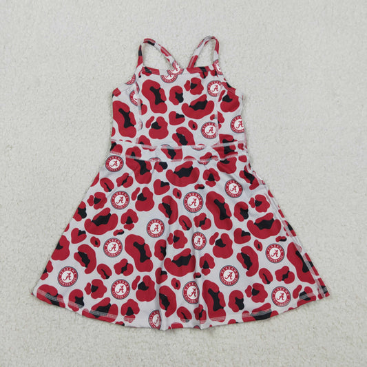 GSD3635 Kids Baby Girl Strap Red Leopard A Team Yoga Active Shorts Knee Length Dresses