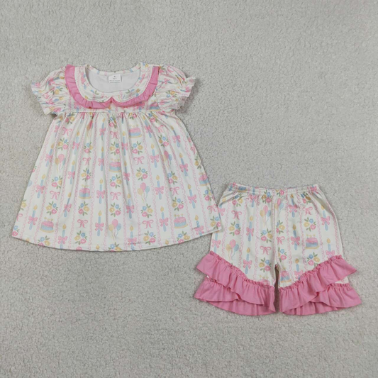GSSO3445 Kids Baby Girls Colorful Bow Flowers Stripe Collar Tunic Ruffle Short Clothes Sets