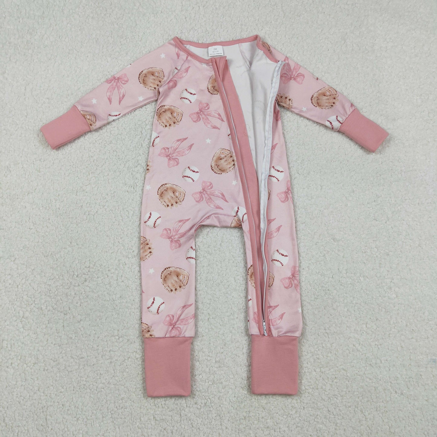 RTS NO MOQ（In Stock) LR2967 Baseball Glove Bow Pattern Pink Zipper Long-Sleeve Jumpsuit