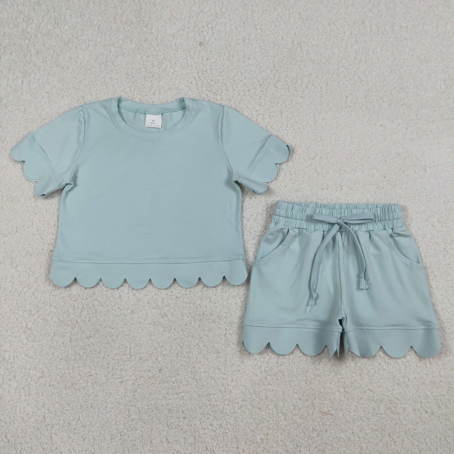 GSSO3174 Kids Baby Girl Short Sleeve Light Blue Shirts Top Shorts Scallop Clothes Sets