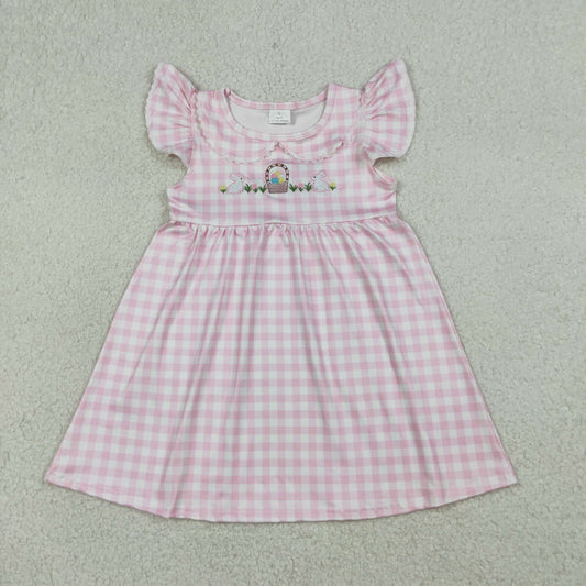 GSD2913 Kids Baby Girl Embroidery Rabbits Eggs Pink Checked Easter Knee Length Dresses