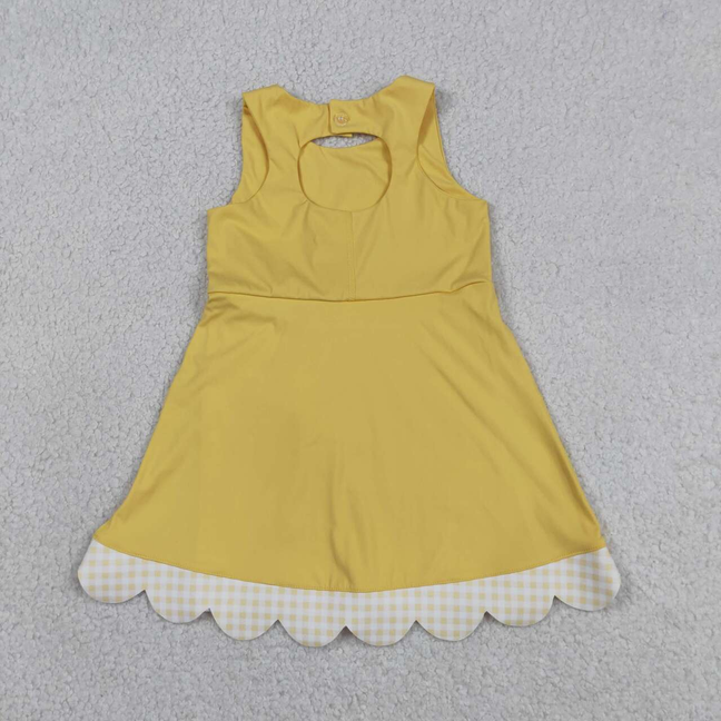 GSD3318 Kids Baby Girls Yellow Sleeveless Yoga Ruffle Shorts Bows Scallop Knee Length Dresses
