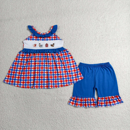 GSSO3056 Kids Embroidery Pigs House Baby Girls Checked Tunic Ruffle Shorts Farm Clothes Sets
