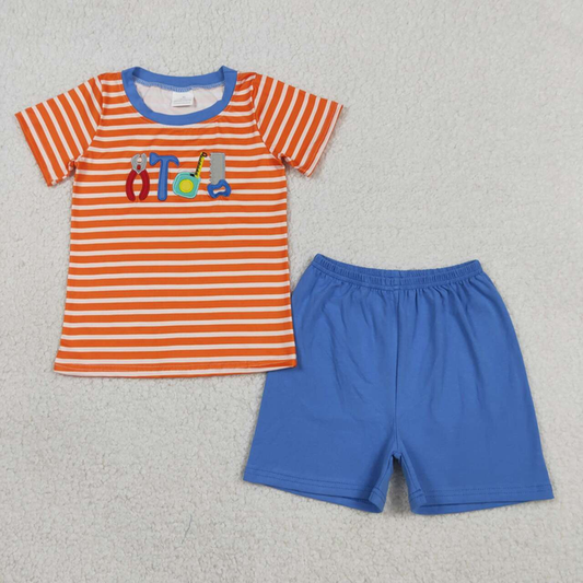 BSSO1851 Kids Embroidery Tools Baby Boys Orange Stripe Top Shorts Clothes Sets