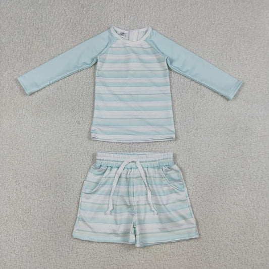 S0649 Kids Baby Boy Light Blue Stripe Top Pockets Shorts Swimsuits