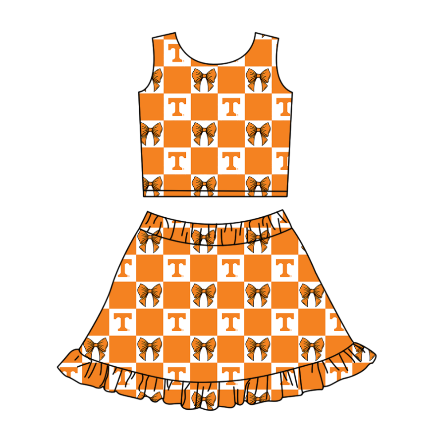 Custom Milk Silk Order MOQ:3 or 5 pcs Each Design Team State Girl Summer Bow Orange Sleeveless Skirts Sets