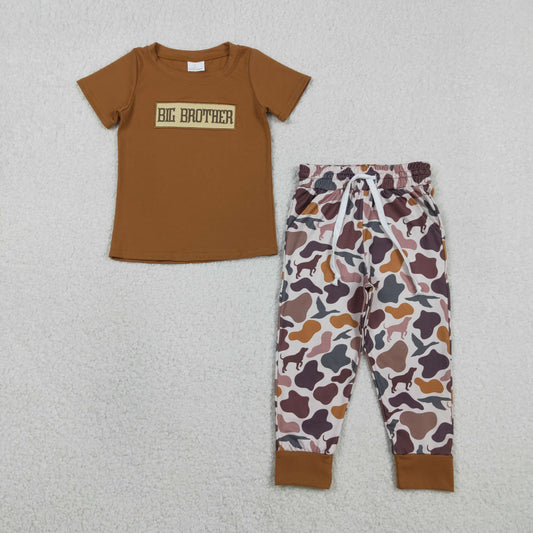 RTS NO MOQ（In Stock) BSPO0665 Embroidered Big Brother Brown Short-Sleeve Puppy and Duck Camouflage Pants Set