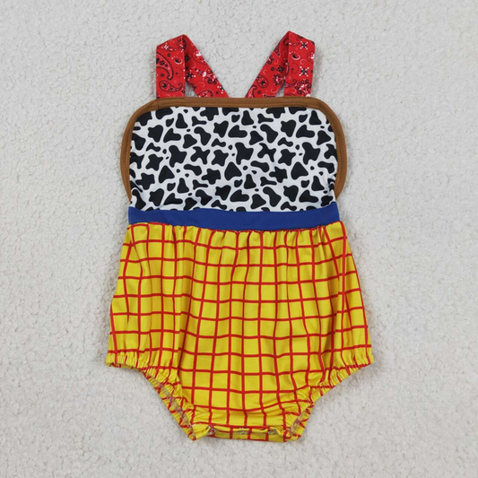 SR4114 Newborn Baby Boys Strap Cartoon Cow Print Yellow Checked Rompers