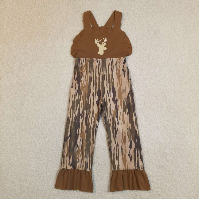 SR4047 Kids Embroidery Deer Baby Girls Strap Southern Olive Wood Camo Hunting Jumpsuits