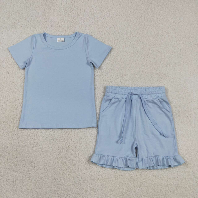 GSSO3349 Kids Baby Girls Short Sleeve Light Blue Shirt Top Pockets Ruffle Short Clothes Set