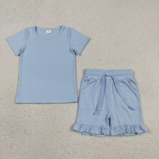 GSSO3349 Kids Baby Girls Short Sleeve Light Blue Shirt Top Pockets Ruffle Short Clothes Set