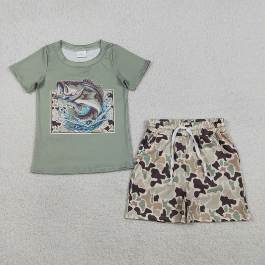 BSSO1835 Kids Baby Boys Green Camo Fishing Top Pockets Shorts Hunting Clothes Sets
