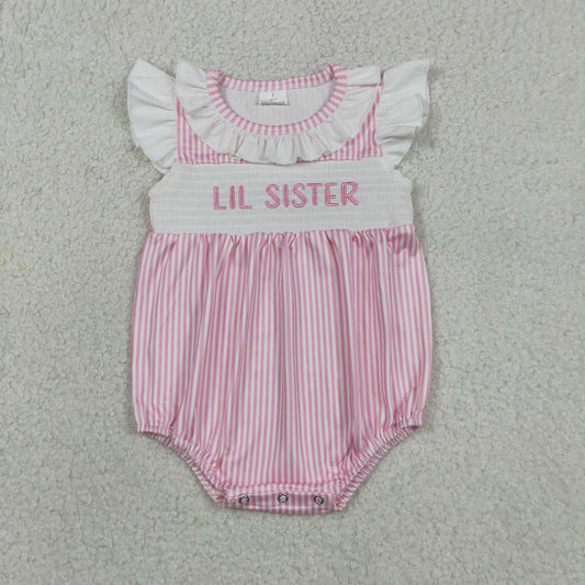 SR3593 Newborn Smocked Little Sister Baby Girls Pink Stripe Collar Ruffle Rompers