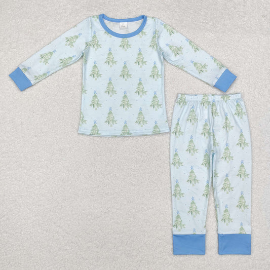 BLP0639 Baby Boys Christmas Tree Blue Bamboo Pajamas Clothes Set