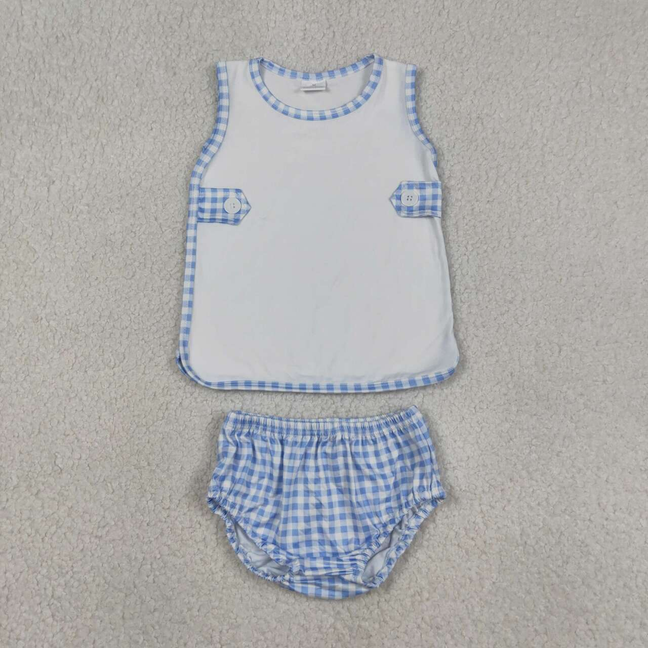 GBO0532 Kids Baby Boys Sleeveless Tunic Blue Checked Bummies Clothes Sets