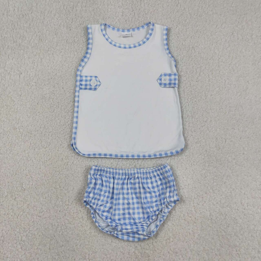 GBO0532 Kids Baby Boys Sleeveless Tunic Blue Checked Bummies Clothes Sets