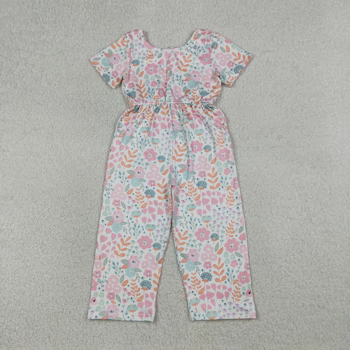 SR3987 Kids Baby Girls Short Sleeve Pink Flowers Pockets Pant Jumpsuits
