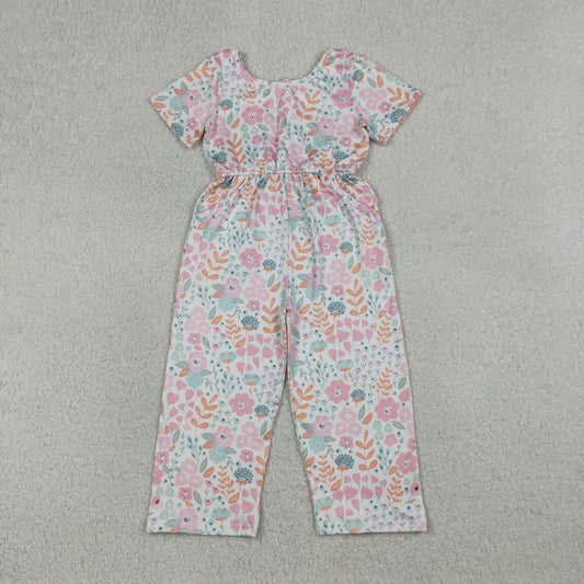 SR3987 Kids Baby Girls Short Sleeve Pink Flowers Pockets Pant Jumpsuits