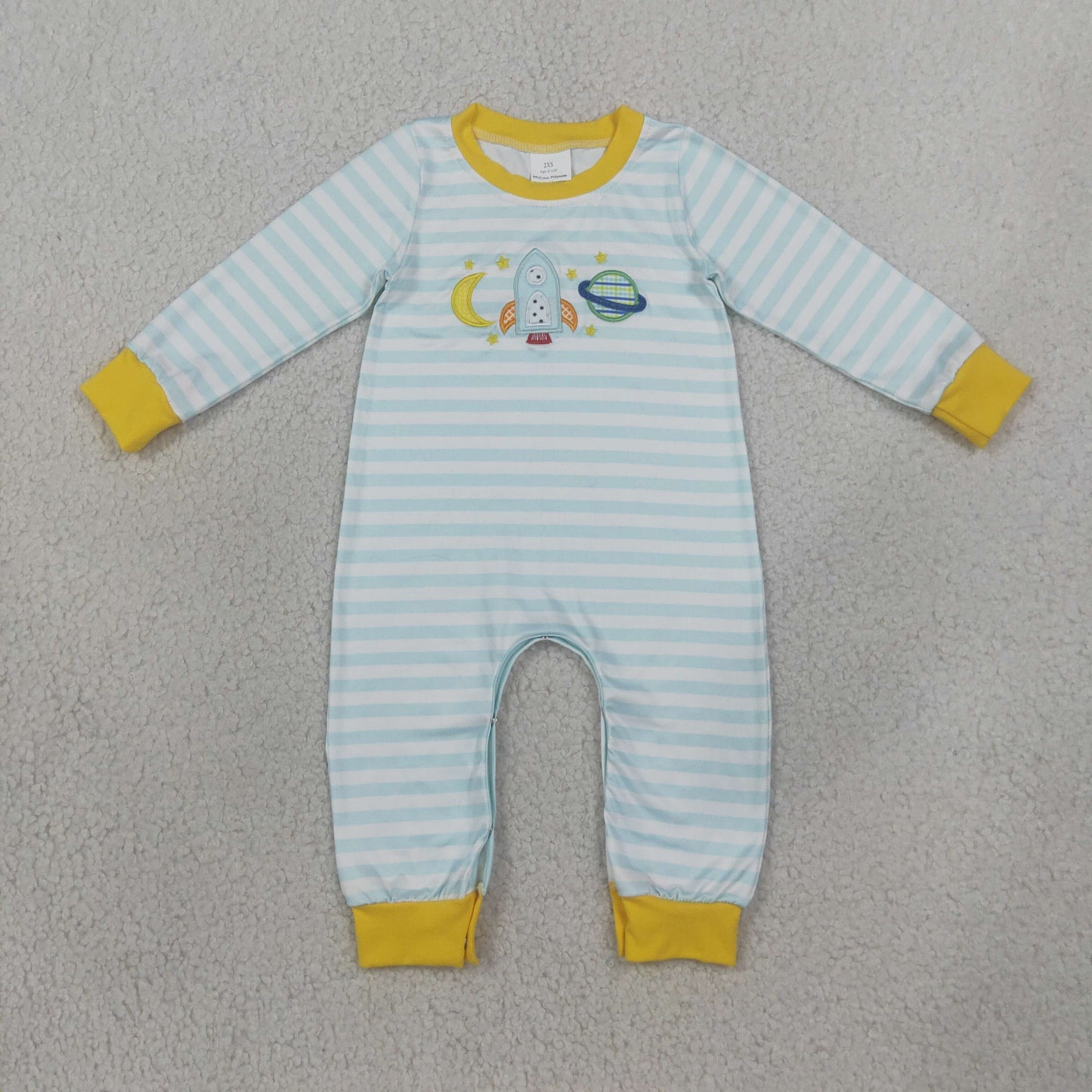 LR3062 Newborn Embroidery Rocket Moons Baby Boys Long Sleeve Blue Stripe Pant Rompers
