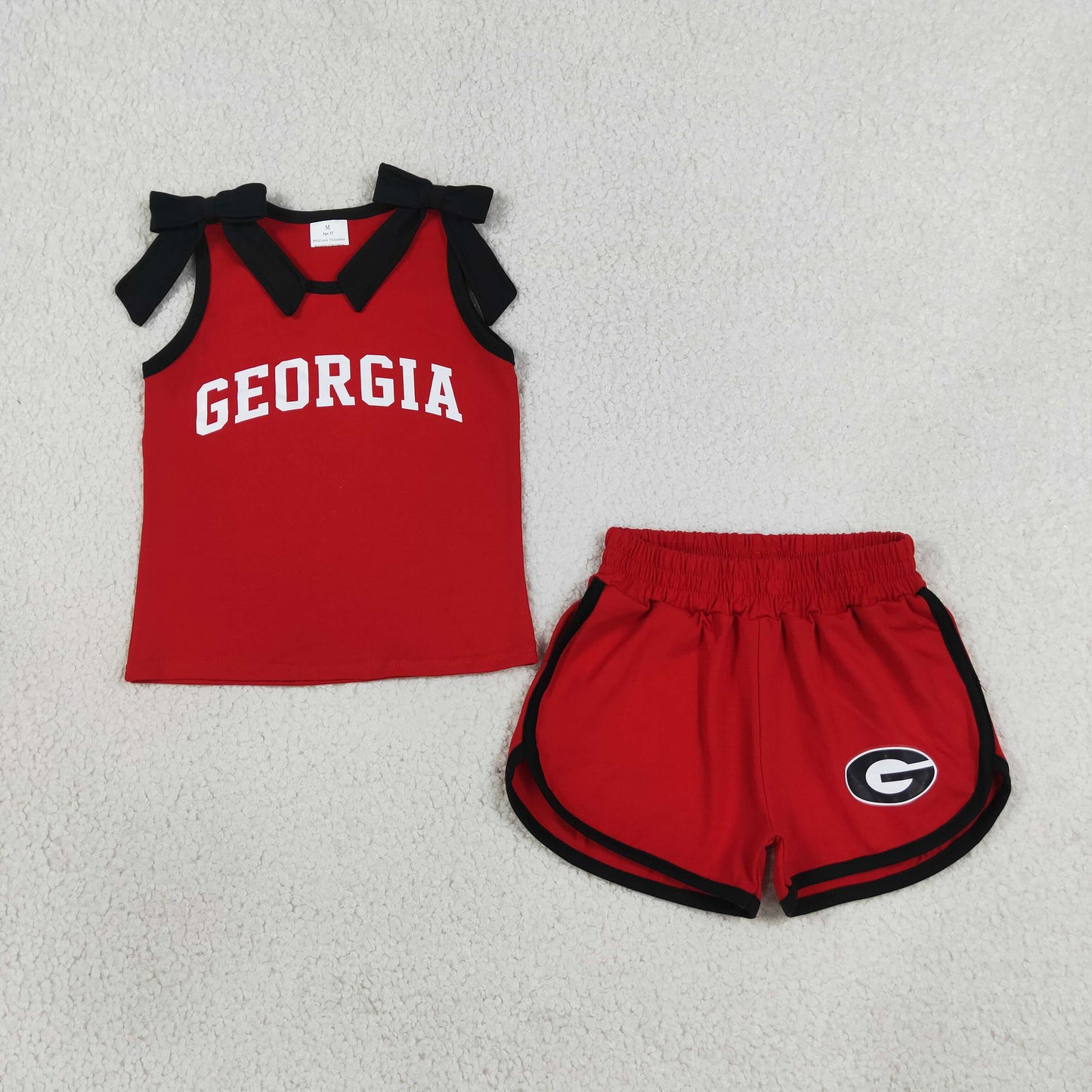 GSSO3834 Kids Clothing Baby Girls Black Bows Red Vinyl Georgia Top Short Team Clothes Sets