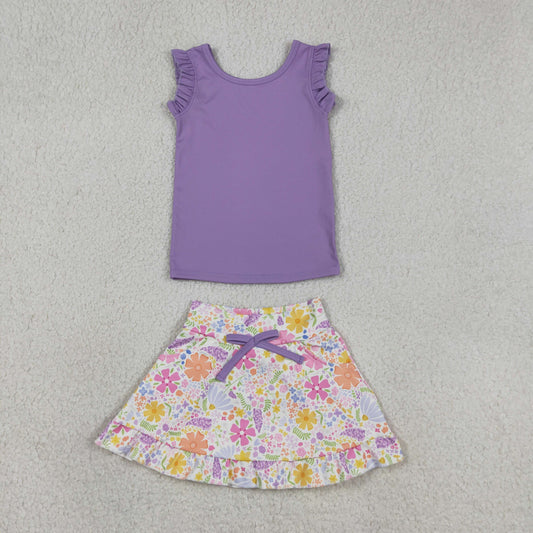 GSD3771 Kids Baby Girls Purple Vest Colorful Floral Pockets Scallop Skirt Short Yoga Active Clothes