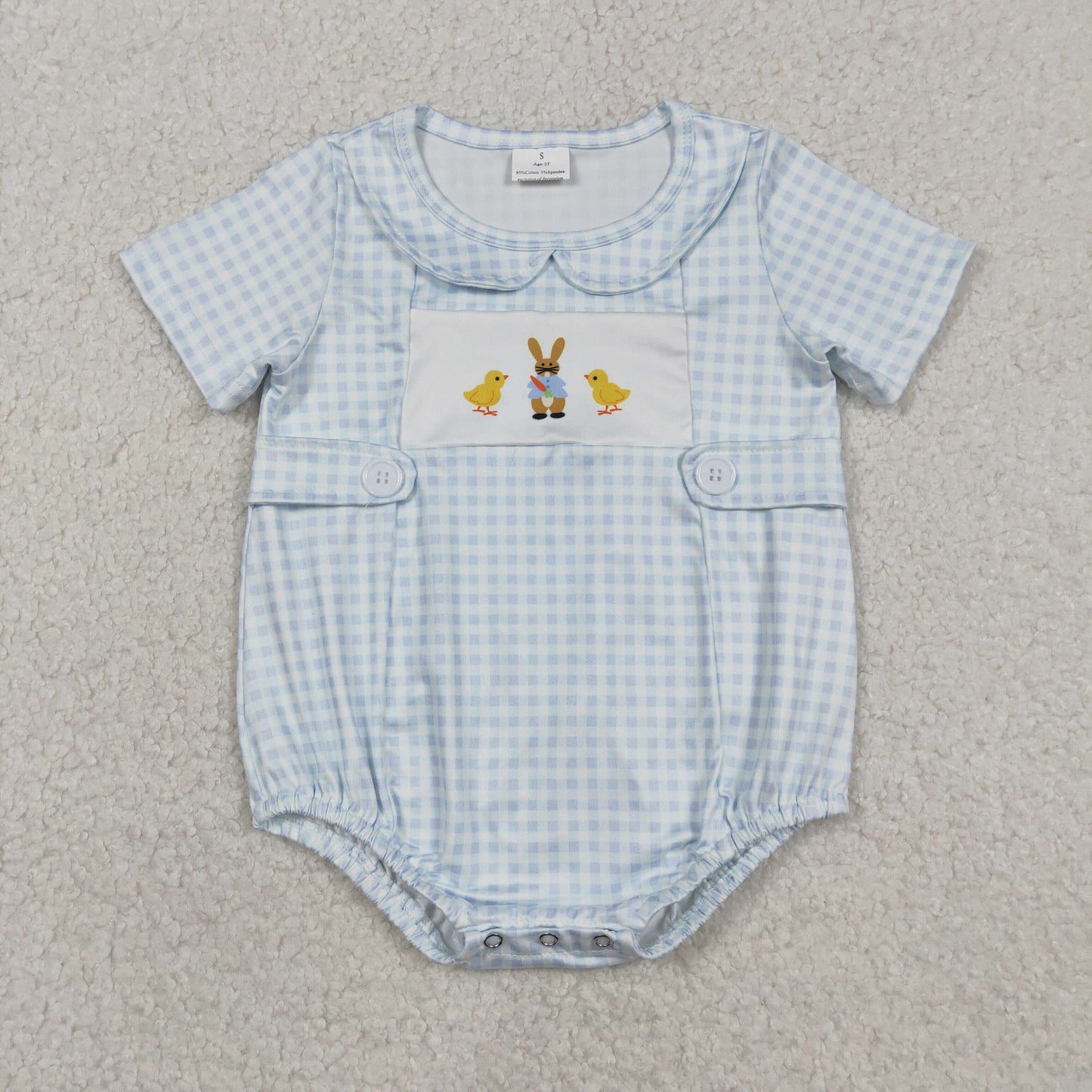 RTS NO MOQ（In Stock) Easter Chicken and Bunny Blue Plaid Peter Pan Collar Short-Sleeve Jumpsuit