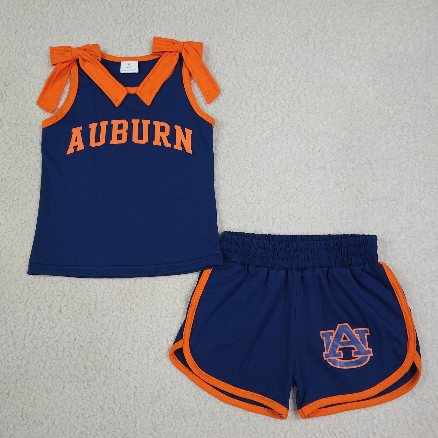 GSSO3828 Kids Clothing Baby Girls Orange Bows Navy Vinyl AUBURN Top Short Team Clothes Sets