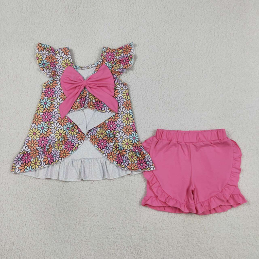 GSSO3353 Kids Baby Girls Colorful Daisy Flowers Back Bow Tunic Ruffle Shorts Clothes Sets