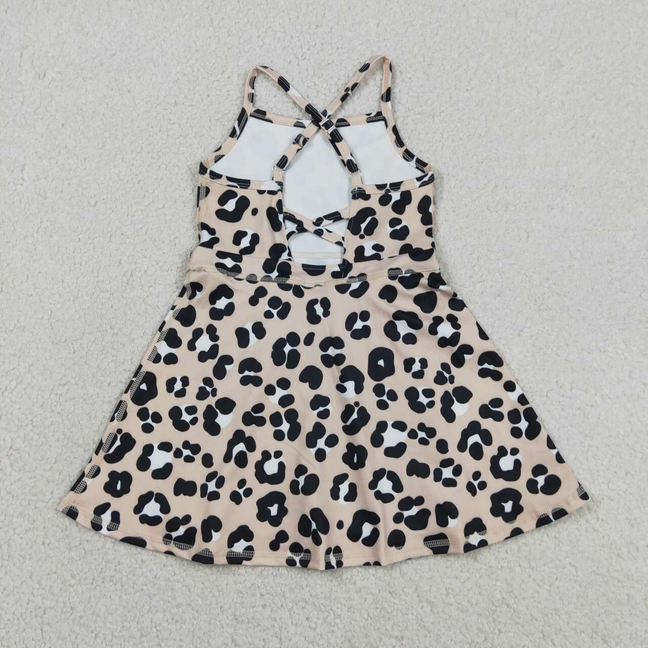 GSD2650 Kids Baby Girls Strap Leopard Shorts Yoga Active Knee Length Dresses