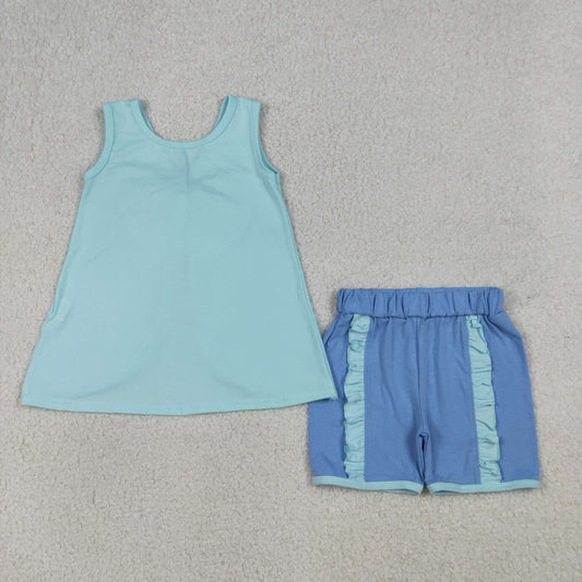 GSSO3463 Kids Baby Girls Blue Sleeveless Back Bows Tunic Ruffle Shorts Clothes Sets
