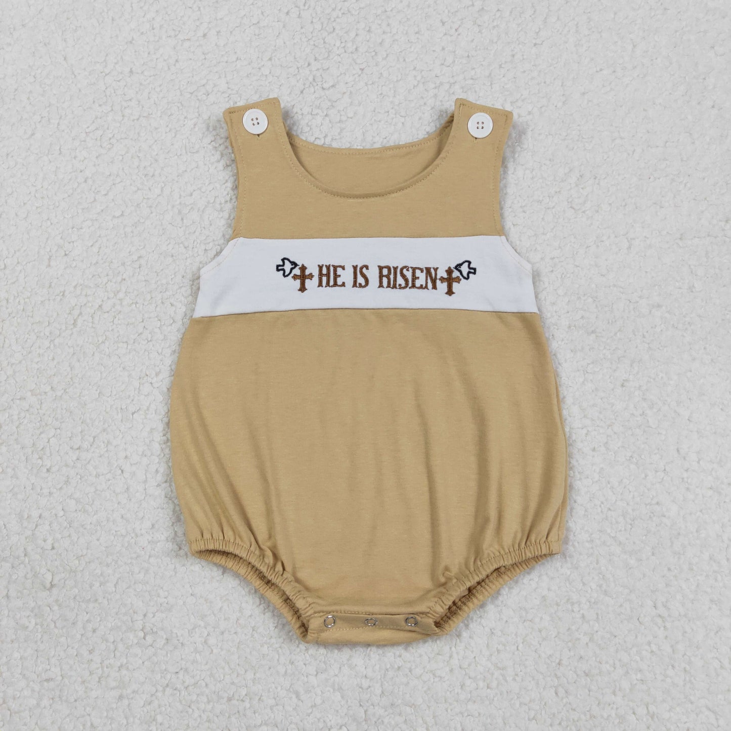 SR3547 Embroidery He is Risen Crosses Baby Boy Sleeveless Rompers