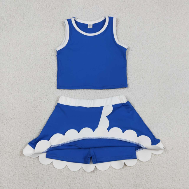 GSD4023 Kids Baby Girls Sleeveless Blue White Vest Scallop Skirt Short Yoga Active Clothes Set