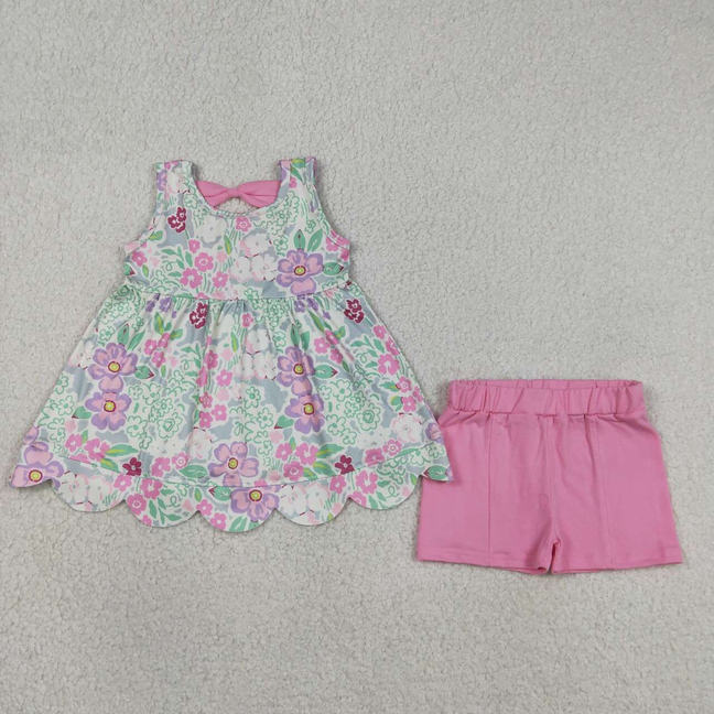 GSSO3385 Kids Baby Girls Sleeveless Colorful Flowers Scallop Tunic Shorts Clothes Set