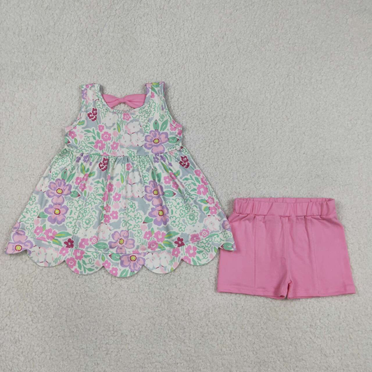 GSSO3385 Kids Baby Girls Sleeveless Colorful Flowers Scallop Tunic Shorts Clothes Set