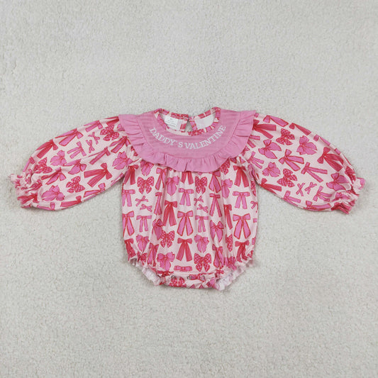 RTS NO MOQ(In Stock) Embroidered Daddy's Valentine Rose Red Bow Pattern Lace Long-Sleeve Jumpsuit