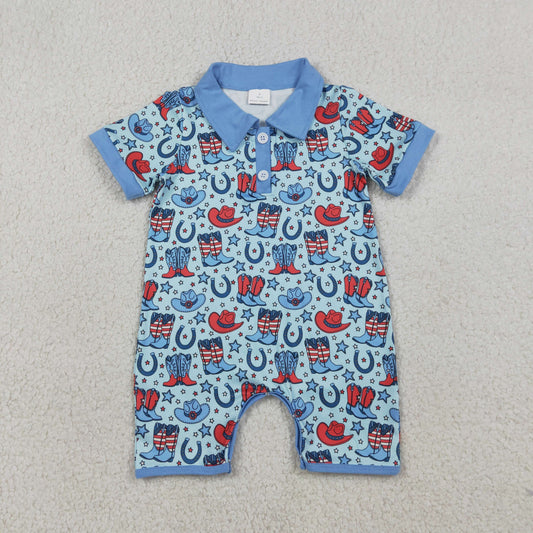 SR3884 Newborn Baby Boy Short Sleeve Star Hat Boots 4th of July Western Button Rompers