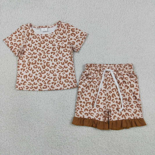 GSSO3292 Kids Baby Girls Khaki Leopard Top Pockets Ruffle Shorts Pajamas Clothes Sets