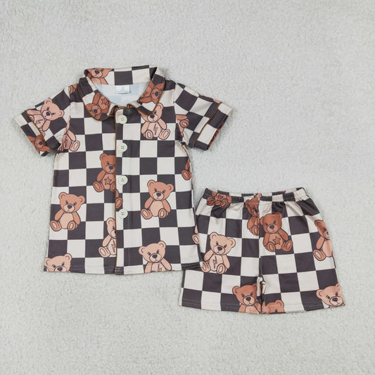 RTS NO MOQ(In Stock) BSSO1774 Black plaid bear short-sleeved pajama set