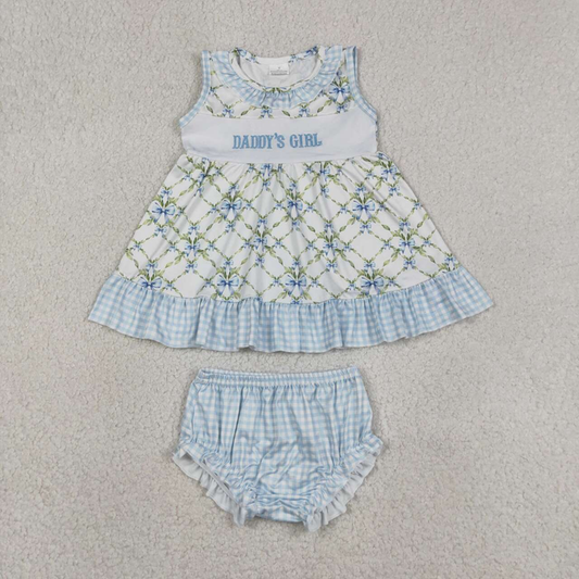 GBO0512 Kids Embroidery Daddy's Girl Bows Floral Checked Tunic Bummies Clothes Sets