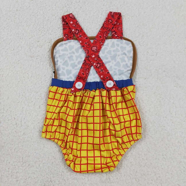 SR4114 Newborn Baby Boys Strap Cartoon Cow Print Yellow Checked Rompers