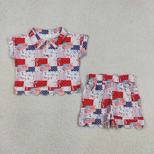 GSSO3599 Kids Baby Girls Bows Flags Checked Zip Top Short 4th of July Scallop Clothes Sets