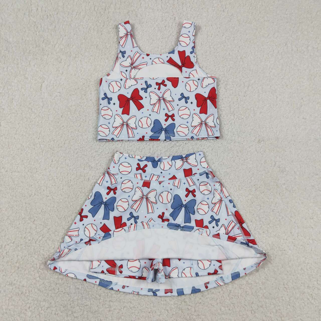 GSD2151 Kids Baby Girls Bows Baseball Vest Skirt Short 4th Of July Yoga Active Clothes Sets