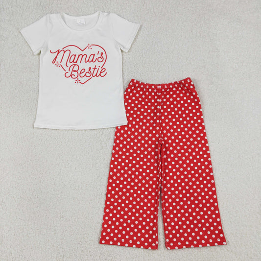 RTS NO MOQ(In Stock) GSPO2250 Mama's Bestie White Short-Sleeve Polka Dot Red Pants Set