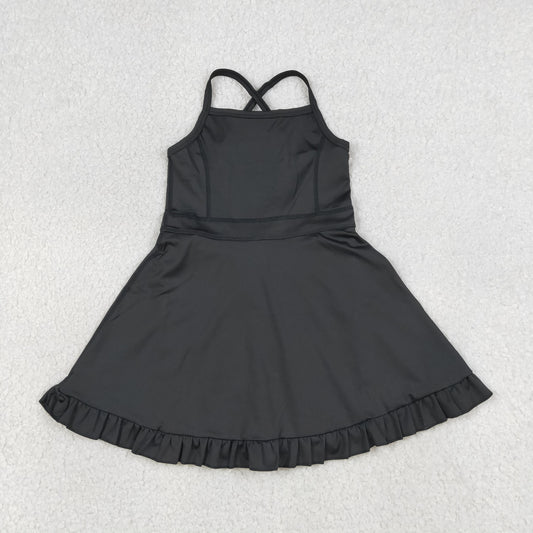 S0552 Kids Baby Girls Black Knit Knee Length Active Wear Dresses